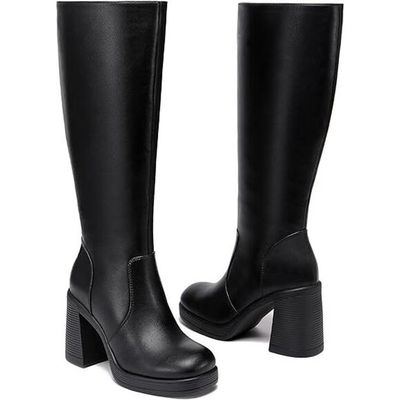 Womens Y2K Black Knee High Chunky Heel Platform Goth Grunge Square Toe Boots 8.5 - Picture 2 of 6